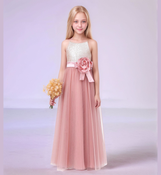 Elegantes langes Festkleid für Mädchen in Altrosa mit feinen Gold-Details