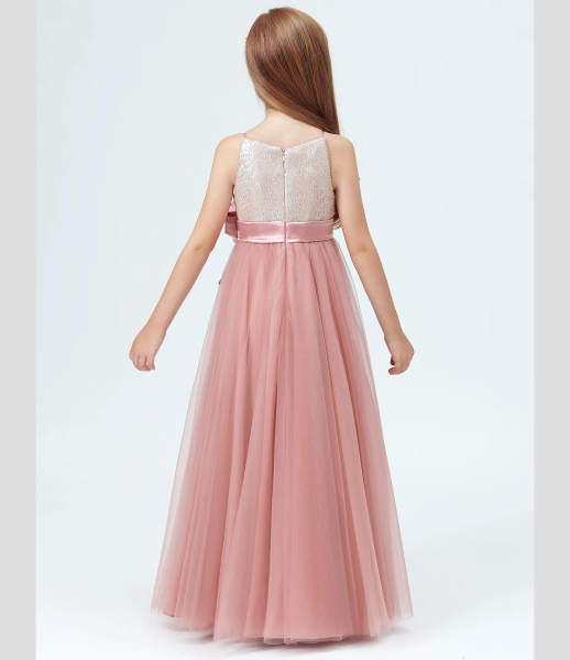 Elegantes langes Festkleid für Mädchen in Altrosa mit feinen Gold-Details