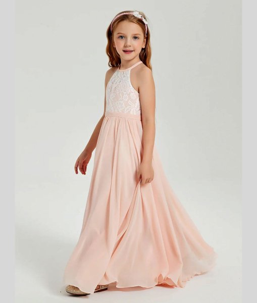 Zauberhaftes schmales Neckholder-Kleid für schöne Anlässe - bicolor elfenbein-puderrosa, Grösse 122