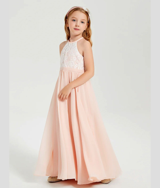 Zauberhaftes schmales Neckholder-Kleid für schöne Anlässe - bicolor elfenbein-puderrosa, Grösse 122