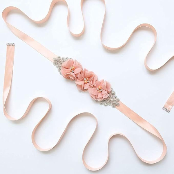 3 Farben: Zauberhaftes Satin Taillenband oder auch Haarband mit Blüten und Strasssteinchen