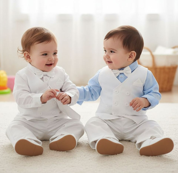 Festlicher Anzug ganz in Weiss oder Weiss-Hellblau, 4-teilig