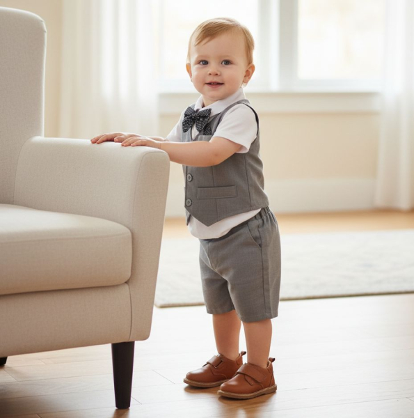 Pinkvanille-Collection: Elegantes Hellgrau-Weisses Anzug-Set für warme Tage