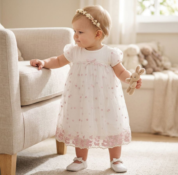 Pinkvanille-Eigendesign: Traumhaftes, langes, besticktes Kleidchen für kleine Mädchen, perfekt auch für die Taufe, weiss