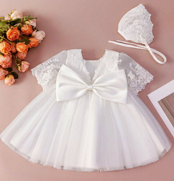 Zauberhaftes, elegantes Taufkleidchen mit Blüten-Spitzen, halblange Ärmel