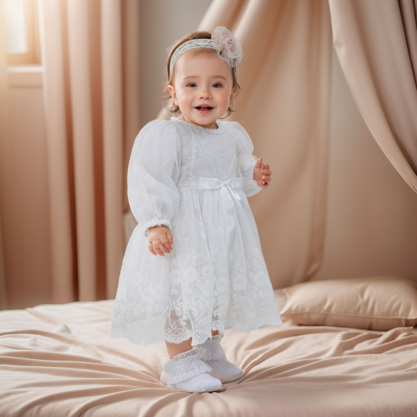 Wunderschönes Taufkleid mit zarten Blumen-Spitzenstickereien und eleganten Chiffon-Ärmeln