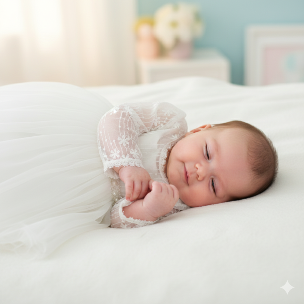 Elegantes, feines Kleidchen für Taufe und schöne Anlässe, weiss mit Perlen-Taillenband und Spitzenstickereien