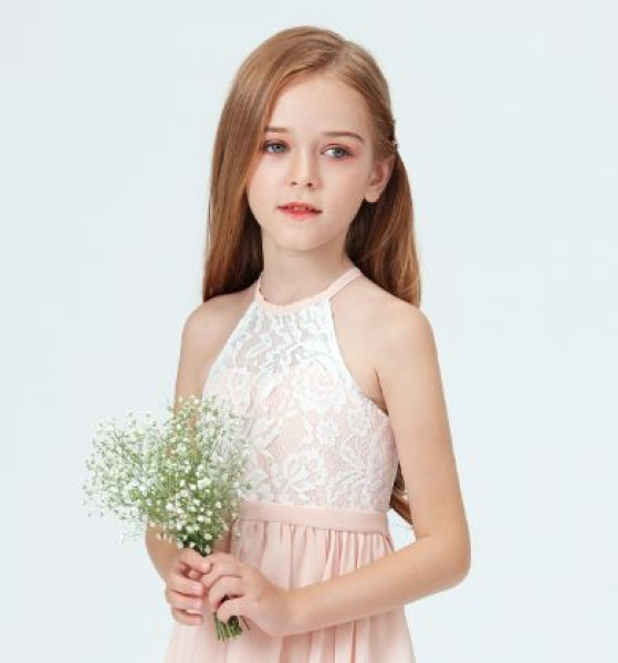 Zauberhaftes schmales Neckholder-Kleid für schöne Anlässe - bicolor elfenbein-puderrosa, Grösse 122