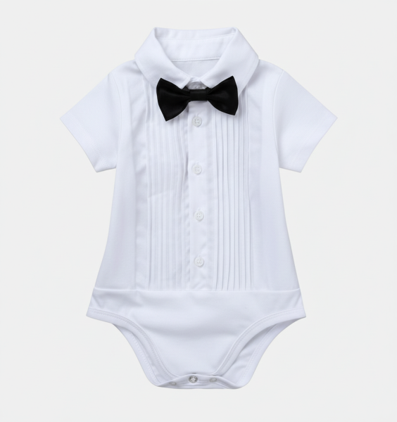 Richtig chic und aus eigener Produktion: Hemdbody mit toller Smoking-Optik und Fliege, kurz- und langärmlig